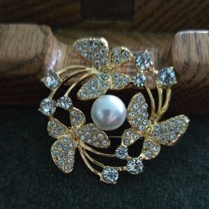 Gold Tone Pearl & Crystal Butterfly Brooch - Elegant Women’s Jewelry